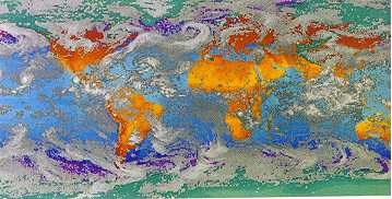 Dit satellietbeeld is met de computer ingekleurd en laat de verschillende luchtstromingen zien.