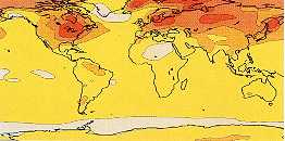 Dit klimaatmodel voorspelt de gevolgen van een verdubbeling van de huidige hoeveelheid koolstofdioxide in de atmosfeer. De temperatuur neemt van 0-2 C (geel) tot 8-12 C (rood) toe. Dramatisch veel warmer wordt het in het noorden van Europa en Azi, in Noord-Amerika en binnen de poolcirkel.