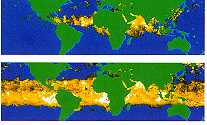 Deze satellietbeelden geven in oranje de verspreiding aan van vulkanisch materiaal in de atmosfeer onmiddellijk na de uitbarsting van de Pinatubo op de Filipijnen in 1991 (boven) en twee maaden later (onder). De as verspreidde zich geleidelijk rond de aardbol, vormde een brede band over de lage breedten en veroorzaakte indrukwekkende zonsondergangen en zonsopgangen in veel delen van de wereld.