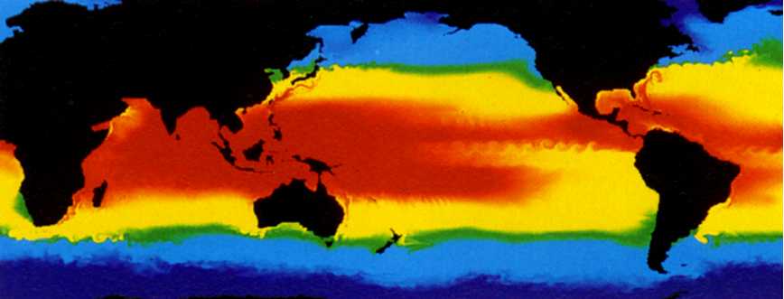 Zeewatertemperaturen zijn op deze satellietopname weergegeven in rood (warm), geel en blauw (koud).
